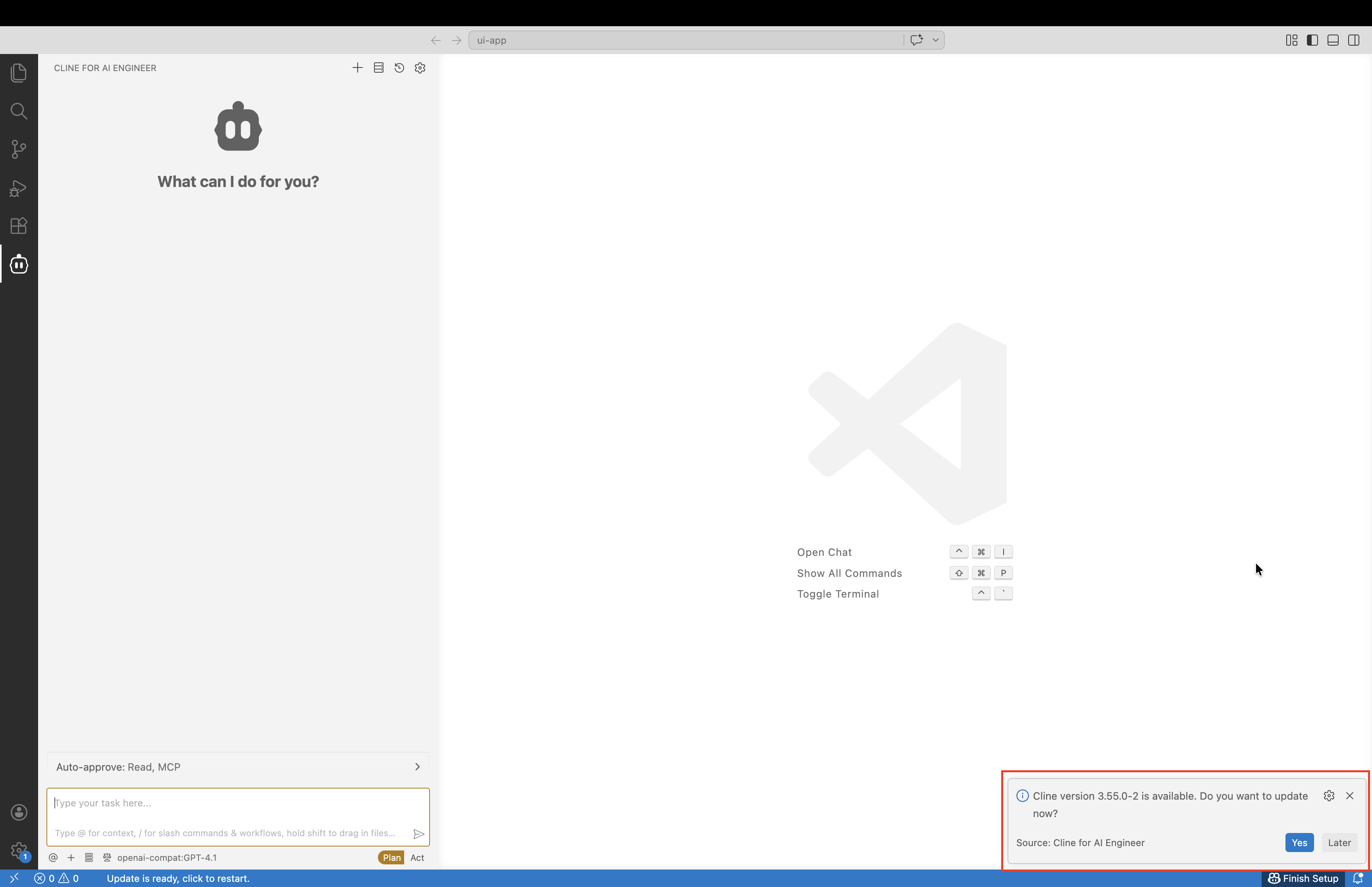 Cline update download prompt