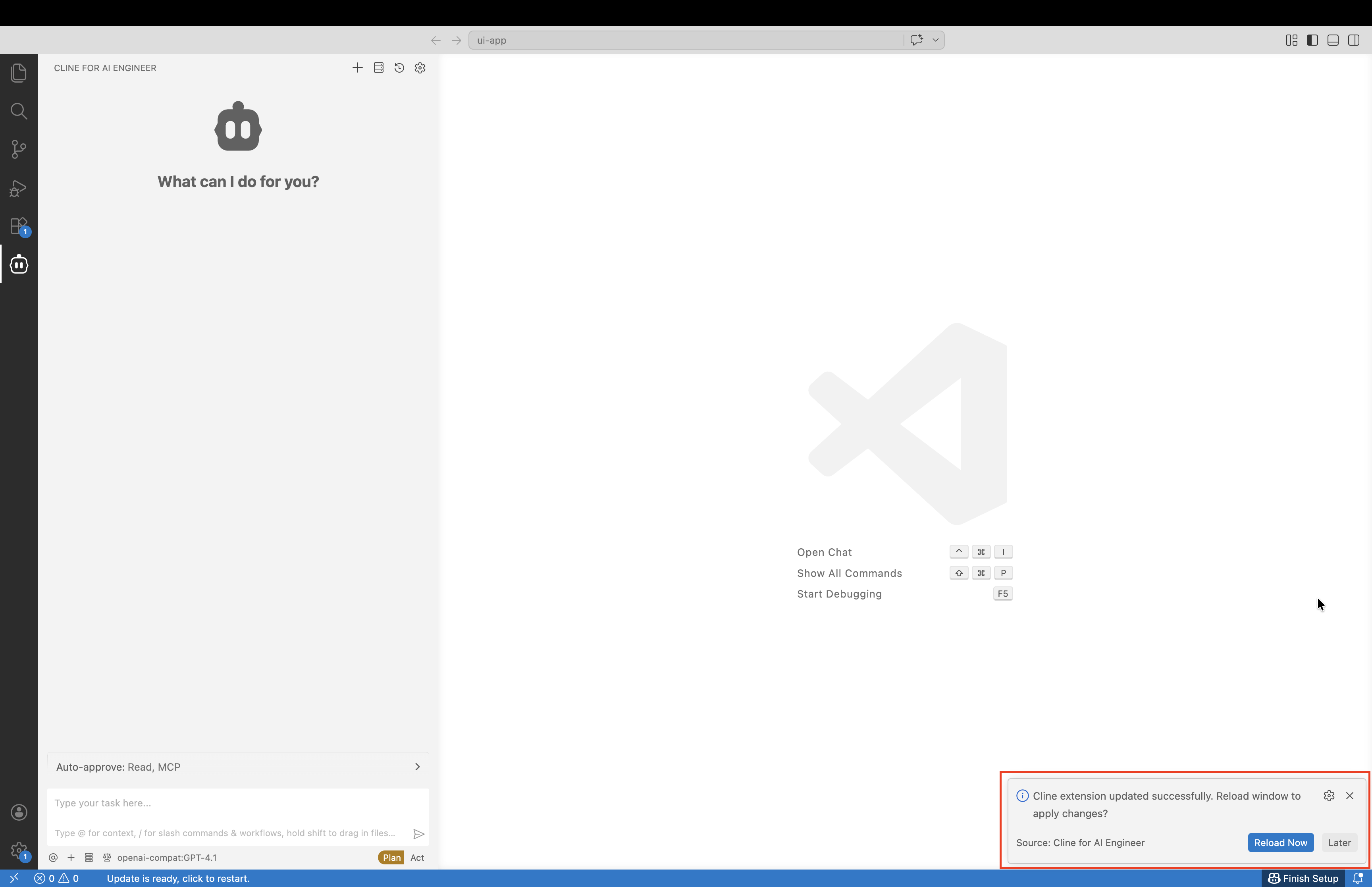 Cline update reload prompt