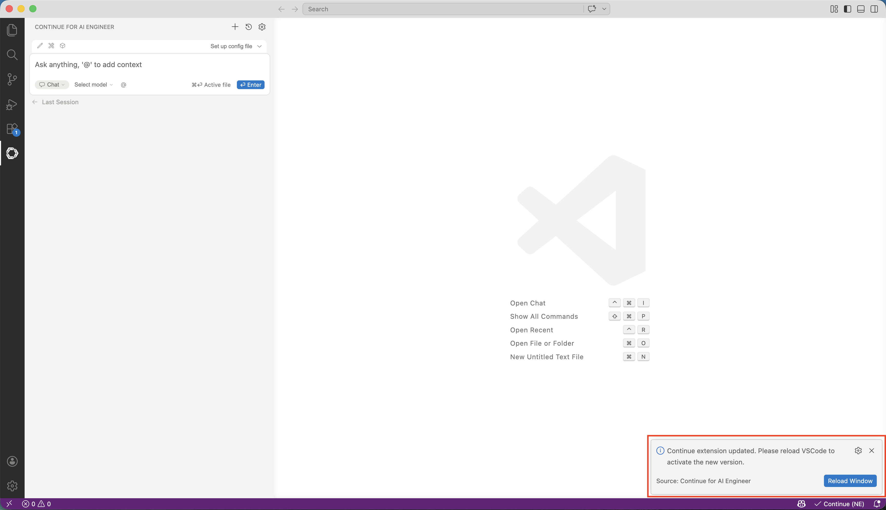 Continue update reload prompt